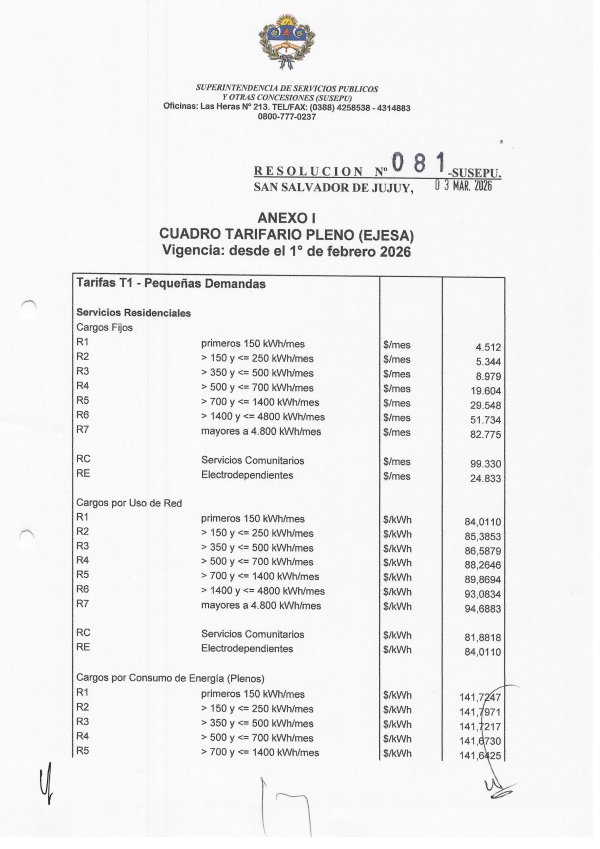 Cuadro Tarifario